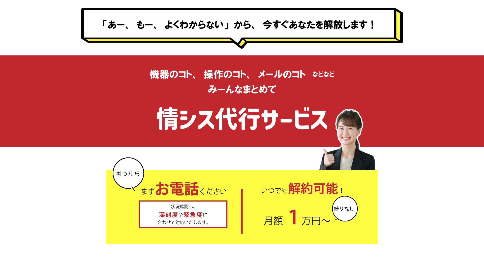 「あー、もー、よくわからない」から、今すぐあなたを解放します！機器のコト、操作のコト、メールのコト　などなどみーんなまとめて情シス代行サービス。困ったらまずお電話ください。状況確認し、新国土や緊急度に合わせて対応いたします。いつでも解約可能！月額1万円～、縛りなし。